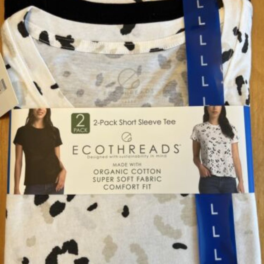 NWT Ecothreads Women 2 Pack Short Sleeve T Size L Animal Print/Black $45 8HL063